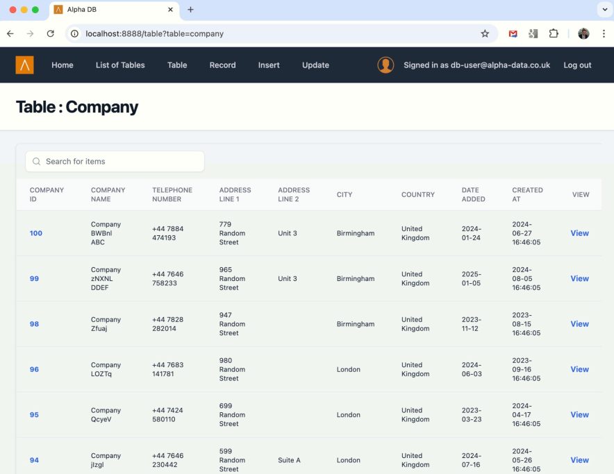 Alpha DB - Viewing a Table